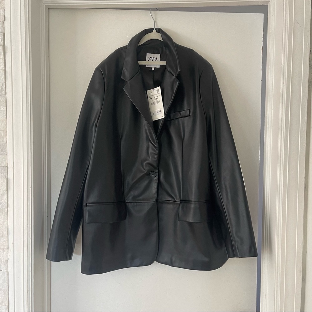 Zara faux leather Black Blazer with Relaxed Fit